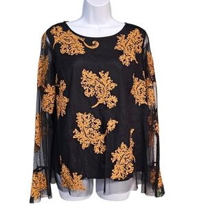 Sundance Black Sheer Mesh Blouse Gold Embroidered Lace Leaves Boho Romantic  S